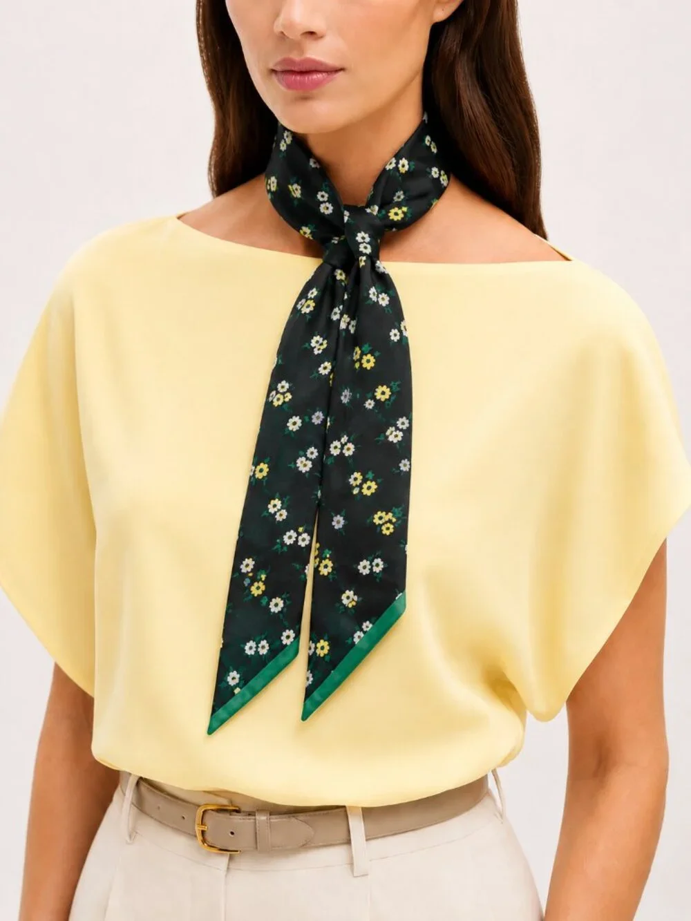 Ann Taylor Fabrica Skinny 100% Silk Scarf Floral Black Yellow Green NWT